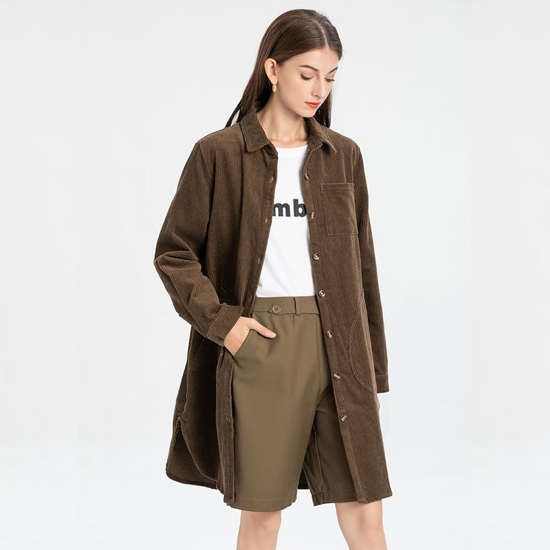 Minibee Women's Corduroy Shirt Coats Long Sleeve Button Down Blouses Tops with Pockets Coffee M - Image 2